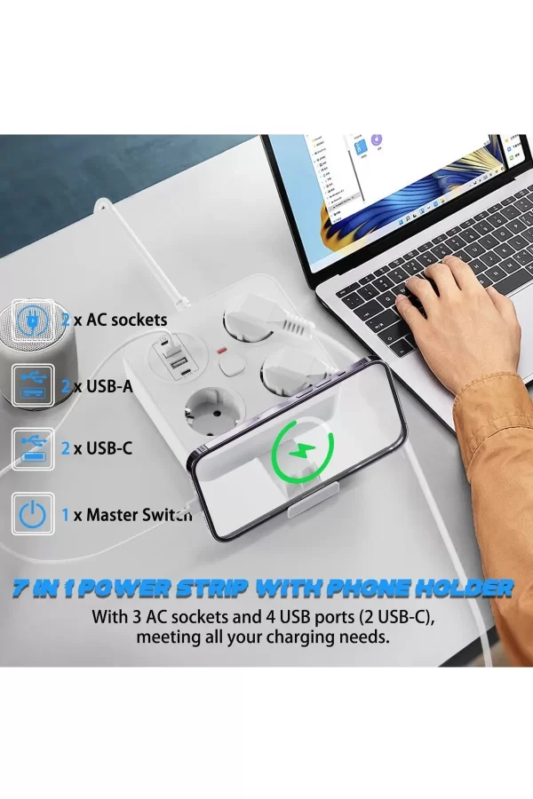 Akım Korumalı Anahtarlı Priz - 3x Priz - 2x Usb - 2x Type-c - 2 Mt Kablo Hızlı Şarj Özellikli Siyah