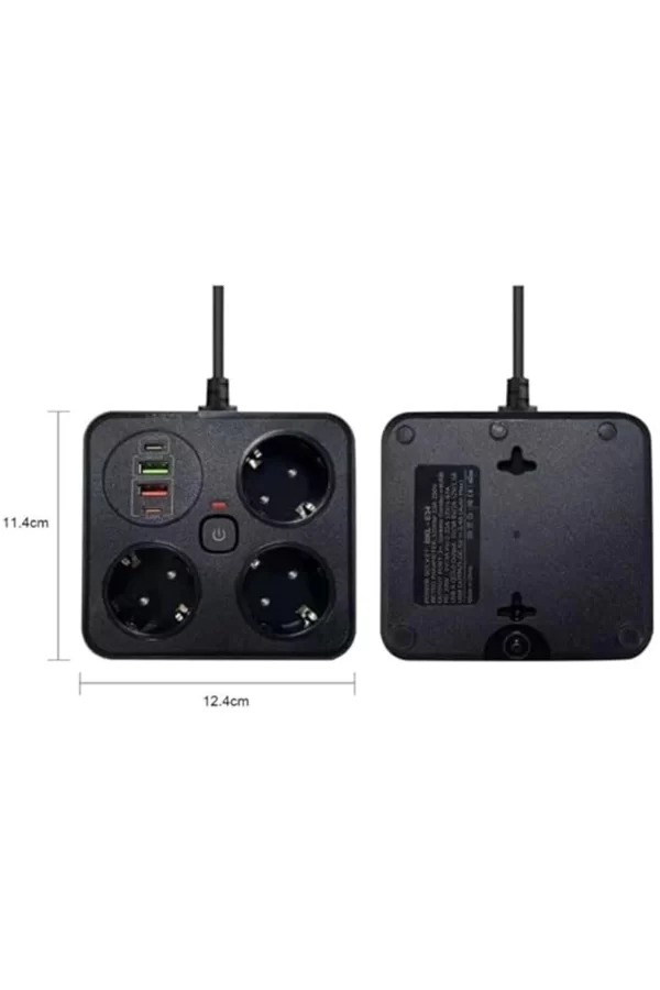 Akım Korumalı Anahtarlı Priz - 3x Priz - 2x Usb - 2x Type-c - 2 Mt Kablo Hızlı Şarj Özellikli Siyah