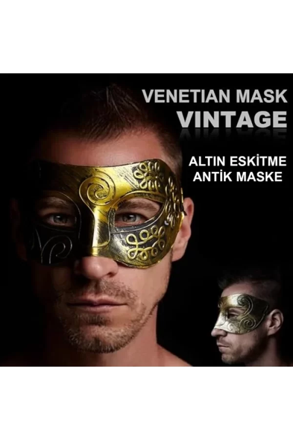 Altın Eskitme Yüz Maskesi - Antik Tarz Balo Maskesi