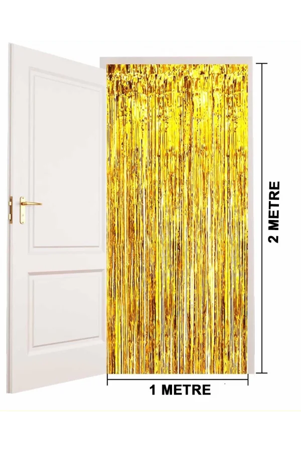 Altın Gold Renk Ekstra Metalize Parlak Saçaklı Arka Fon Perde İthal A Kalite 1x2 Metre
