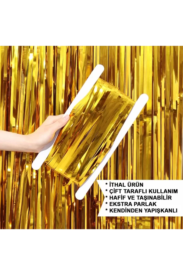 Altın Gold Renk Ekstra Metalize Parlak Saçaklı Arka Fon Perde İthal A Kalite 1x2 Metre