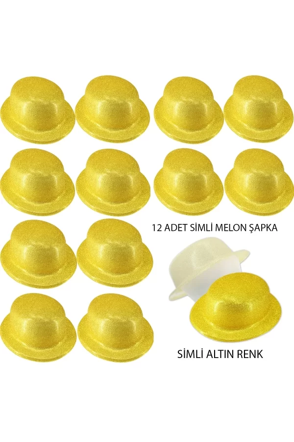 Altın Renk Simli Melon Yulak Parti Şapkası 12 Adet