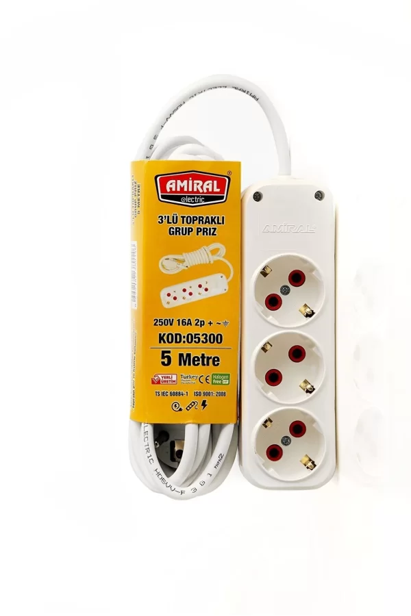 Amiral 3 Lü Topraklı 5 Metre Kablolu Grup Priz