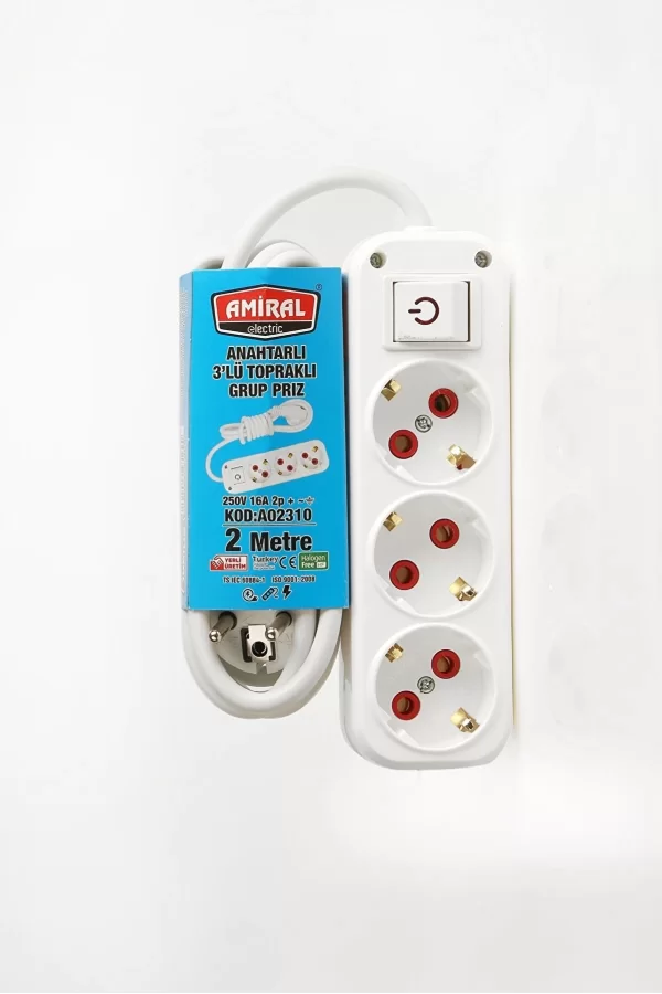 Amiral 3 Lü Topraklı Anahtarlı 2 Metre Kablolu Grup Priz