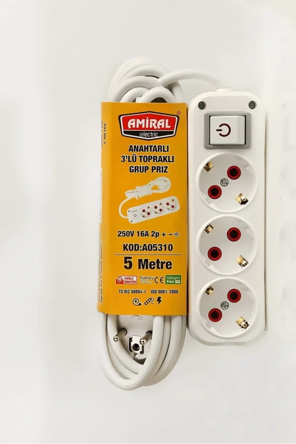 Amiral 3 Lü Topraklı Anahtarlı 5 Metre Kablolu Grup Priz