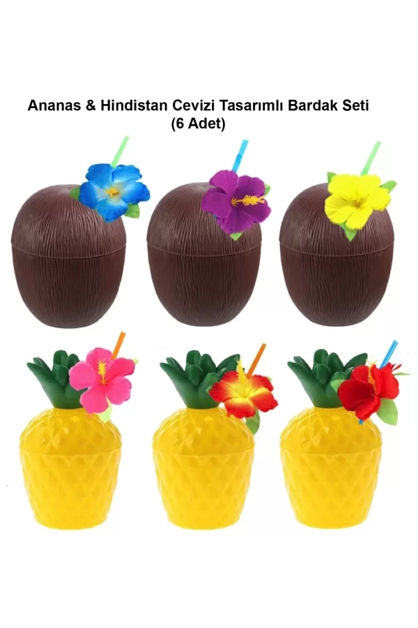 Ananas  Hindistan Cevizi Tasarımlı Pipetli Bardak Seti (6 Adet)