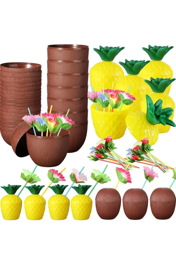 Ananas  Hindistan Cevizi Tasarımlı Pipetli Bardak Seti (6 Adet)