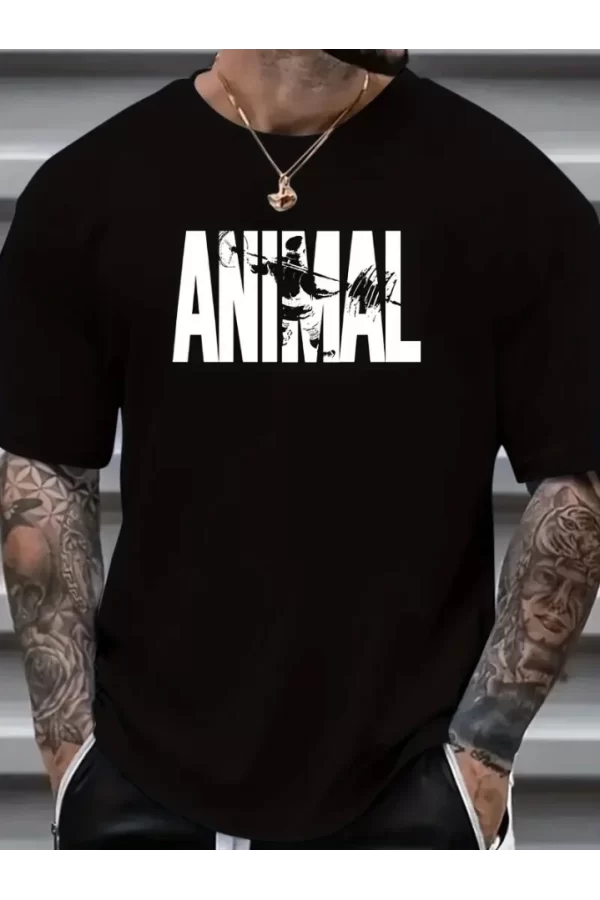 ANIMAL Desen Baskı Erkek Oversive Tişört, Grafik Tişört Erkek Yazlık Outdoor Kıyafetleri, Sporda Ve Günlük Giyime Uygun  - Siyah