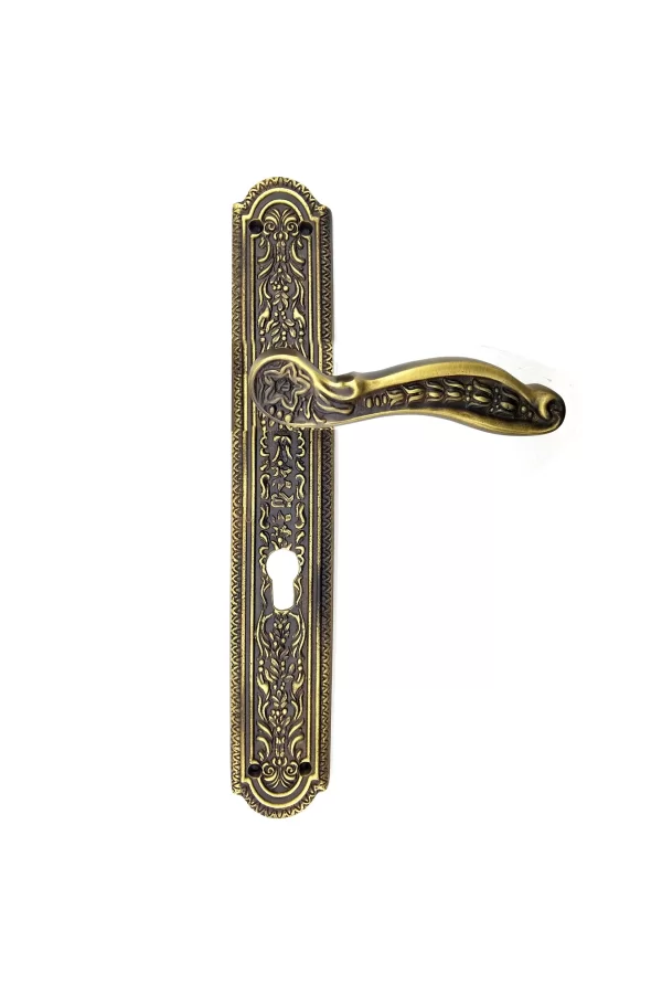 Antika Tarz Dekoratif Pirinç Ulu Model Desenli Banyo, Wc Kapı Kolu - 354x57 Mm, Antik