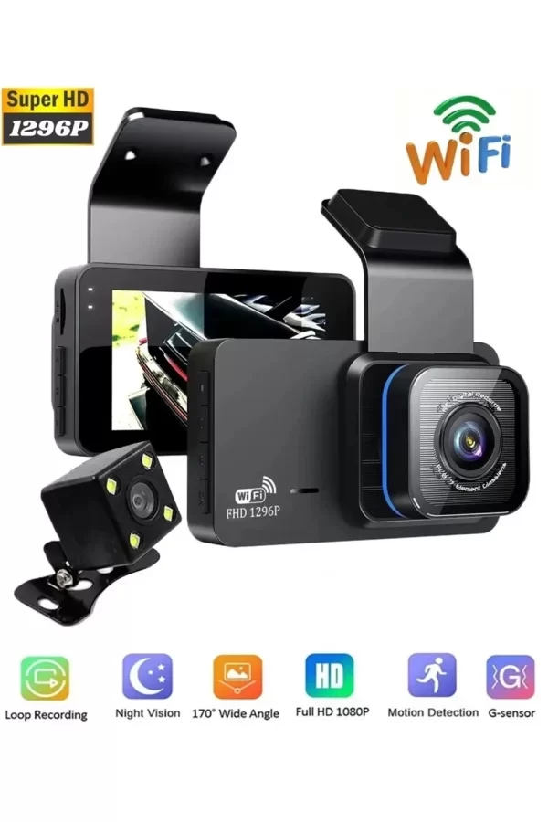 Araç İçi Kamera Wifi Özellikli Ekranlı Ön Ve Geri Görüş Kameralı Mikrofonlu 3 İnç Hd