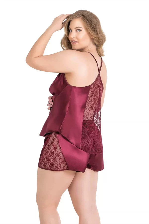 Büyük Beden Bordo Saten Babydoll Şort TakımI