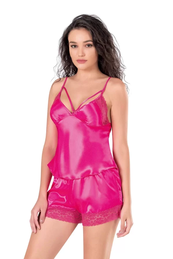 Fuşya Saten Babydoll Şort Takımı