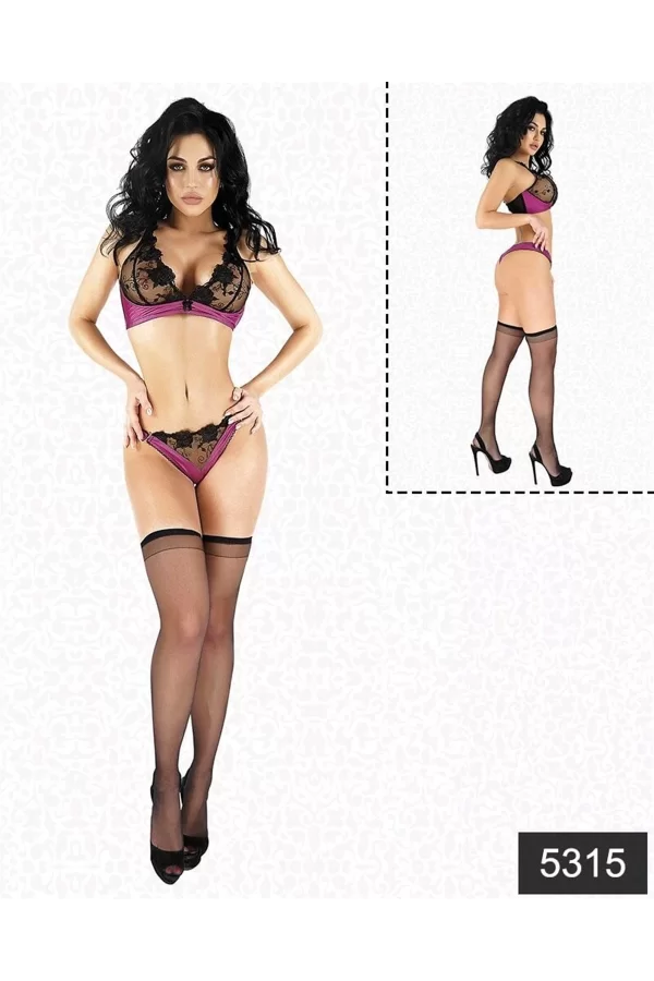 Saten Dantelli Fantazi Çorap Sütyen Tanga Set