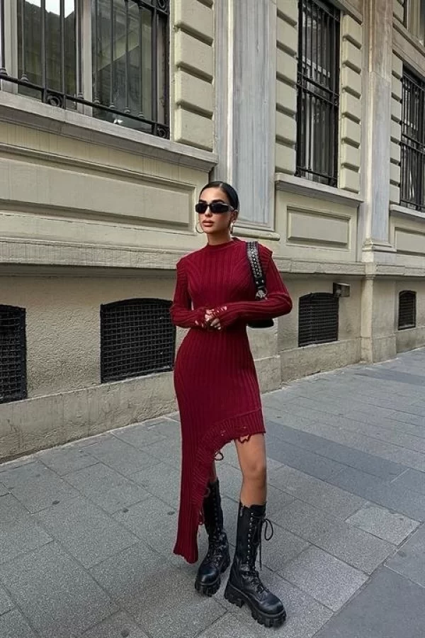 Asimetrik Detaylı Fitilli Triko Elbise 2824
