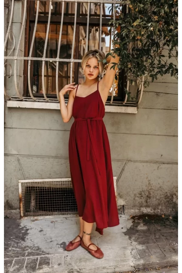 Askılı Basic Uzun Elbise - Açık Bordo