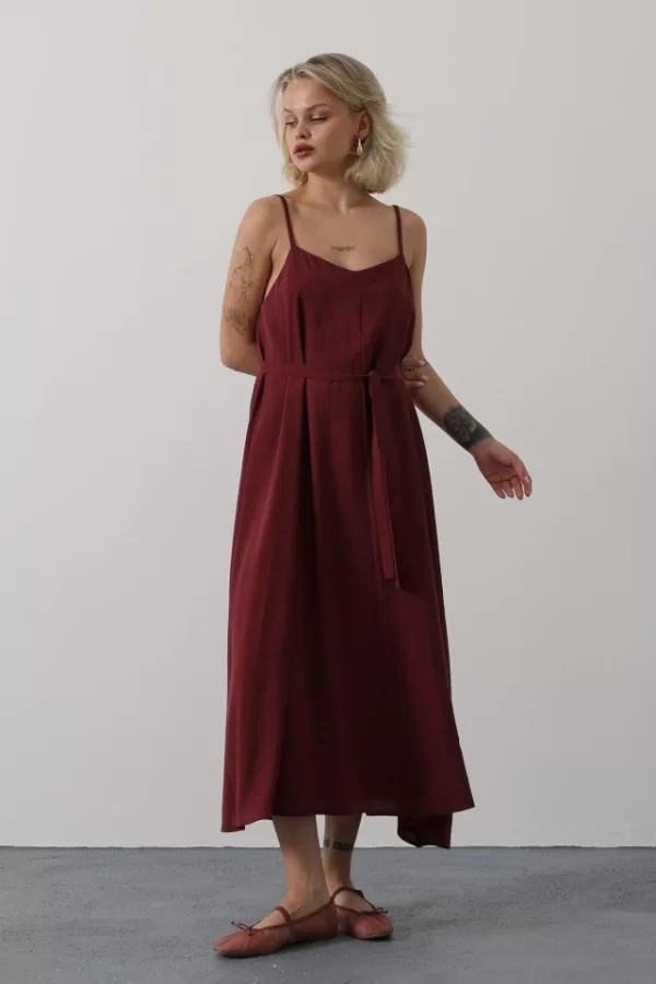 Askılı Basic Uzun Elbise - Bordo