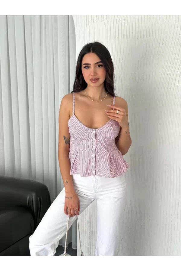 Luz&Pos Askılı Dekolte Deraylı Crop - Kırmızı