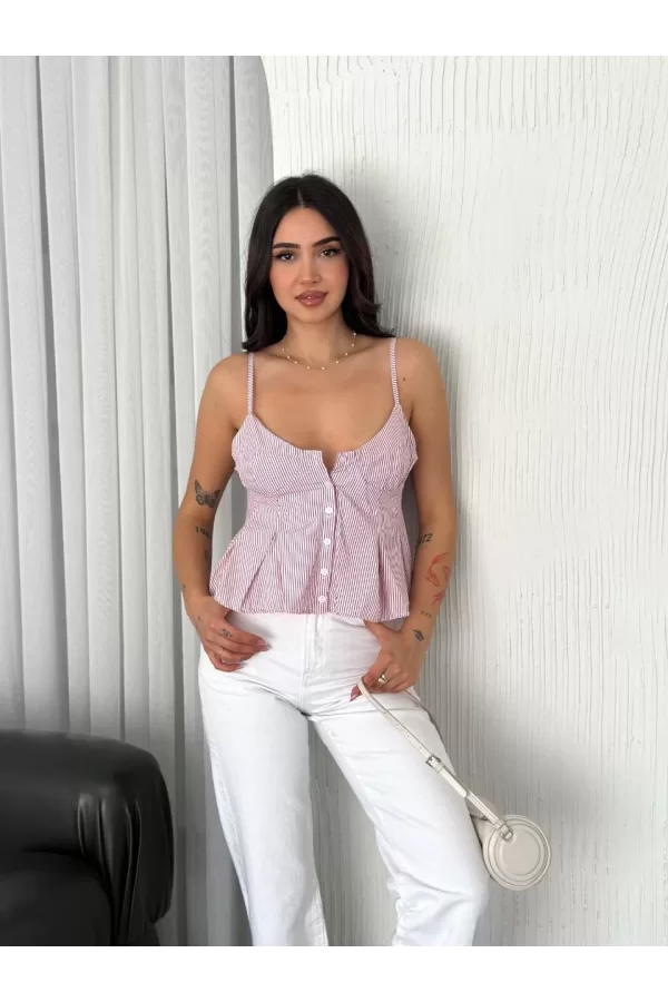 Luz&Pos Askılı Dekolte Deraylı Crop - Kırmızı