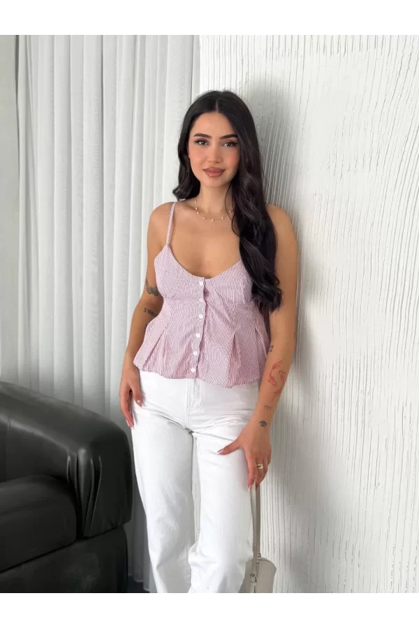 Luz&Pos Askılı Dekolte Deraylı Crop - Kırmızı
