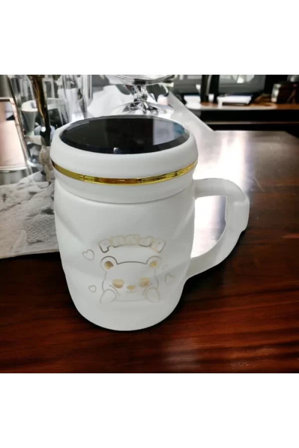 Ayna Kapaklı Panda Desenli Porselen Kupa Bardak Beyaz Kupa Bardak