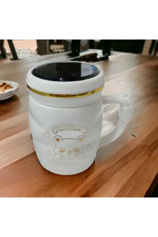 Ayna Kapaklı Panda Desenli Porselen Kupa Bardak Beyaz Kupa Bardak