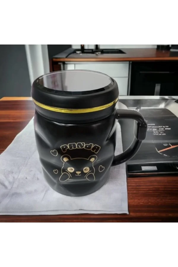 Ayna Kapaklı Panda Desenli Porselen Kupa Bardak Siyah Kupa Bardak