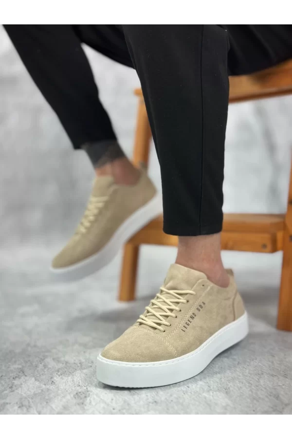BA0104 Bağcıklı Krem Süet Beyaz Taban Spor Klasik Erkek Ayakkabı