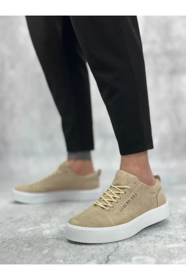 BA0104 Bağcıklı Krem Süet Beyaz Taban Spor Klasik Erkek Ayakkabı