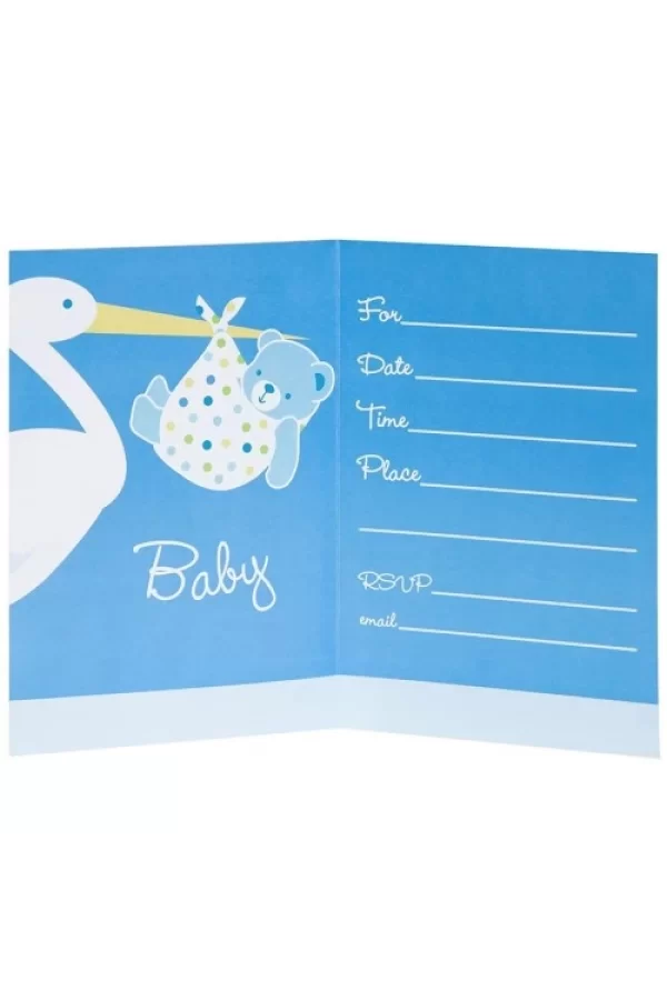 Baby Boy Stork Temalı Mavi Davetiye 8 Adet