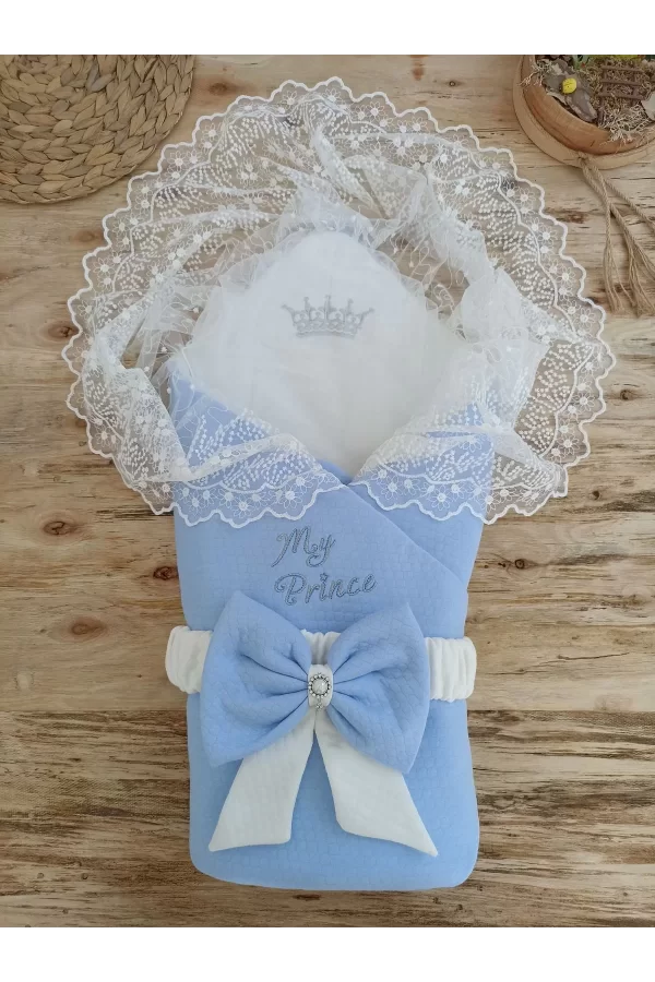 Luz&Pos Bal Peteği My Prince Taç Nakışlı İnci Fiyonklu Dantel Duvaklı Delüks Kundak Bebek Battaniyesi Mavi