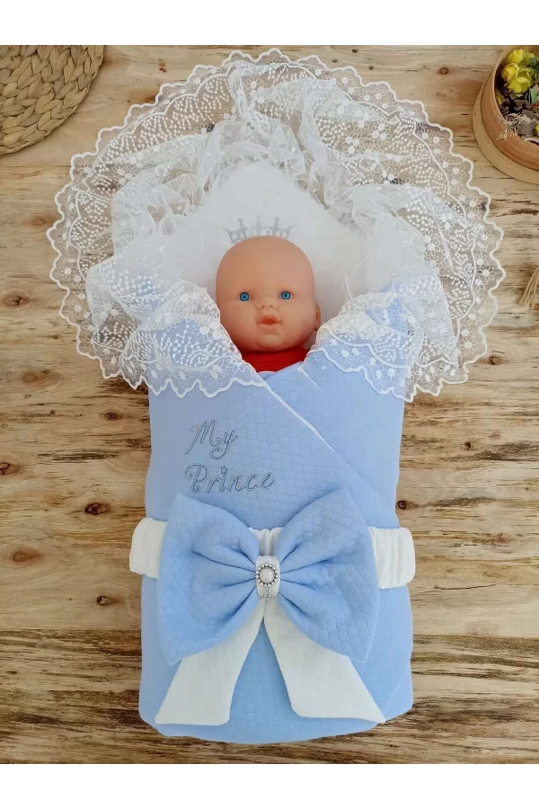 Luz&Pos Bal Peteği My Prince Taç Nakışlı İnci Fiyonklu Dantel Duvaklı Delüks Kundak Bebek Battaniyesi Mavi