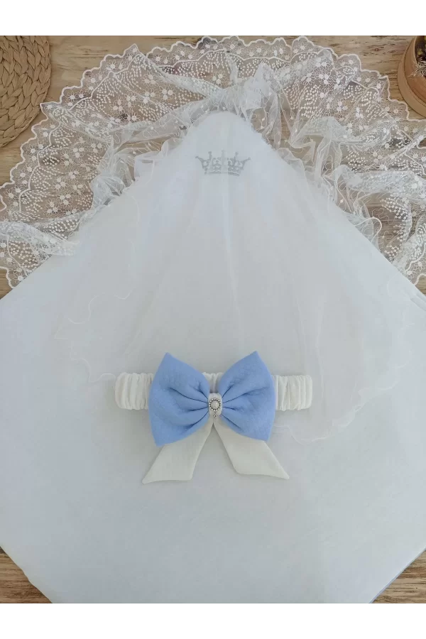 Luz&Pos Bal Peteği My Prince Taç Nakışlı İnci Fiyonklu Dantel Duvaklı Delüks Kundak Bebek Battaniyesi Mavi