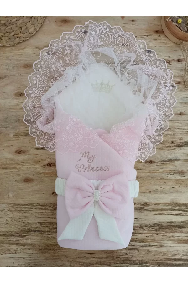 Luz&Pos Bal Peteği My Princess Taç Nakış İnci Fiyonklu Dantel Duvaklı Delüks Kundak Bebek Battaniyesi Pembe