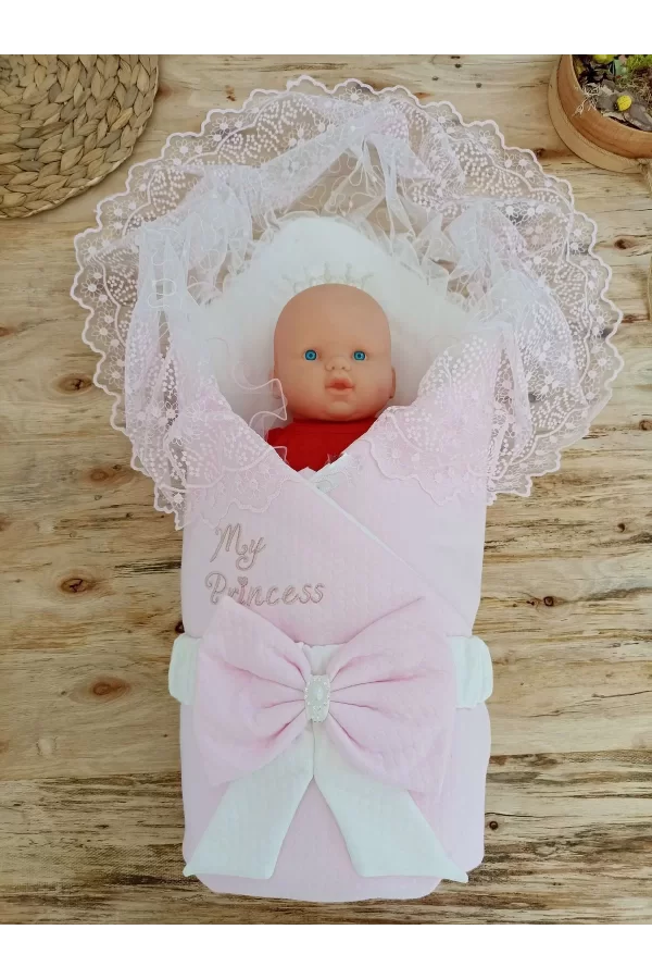 Luz&Pos Bal Peteği My Princess Taç Nakış İnci Fiyonklu Dantel Duvaklı Delüks Kundak Bebek Battaniyesi Pembe
