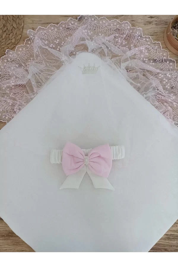 Luz&Pos Bal Peteği My Princess Taç Nakış İnci Fiyonklu Dantel Duvaklı Delüks Kundak Bebek Battaniyesi Pembe