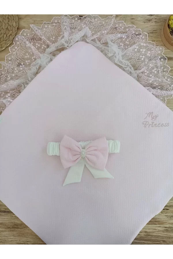 Luz&Pos Bal Peteği My Princess Taç Nakış İnci Fiyonklu Dantel Duvaklı Delüks Kundak Bebek Battaniyesi Pembe