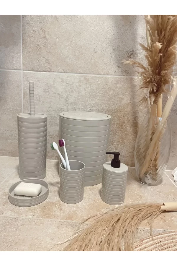 Banyo Seti 5li Krem Çöp Kovası Wc Fırçalık Sıvı Sabunluk Katı Sabunluk