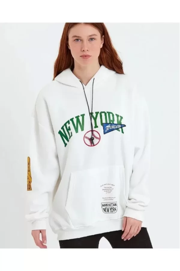 Baskılı Kapüşonlu Sweatshirt - Beyaz