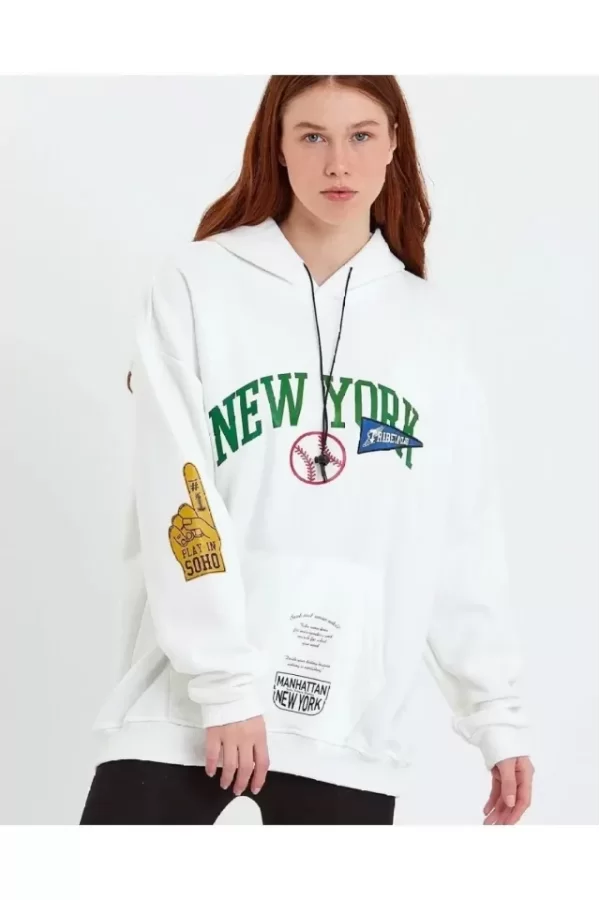 Baskılı Kapüşonlu Sweatshirt - Beyaz
