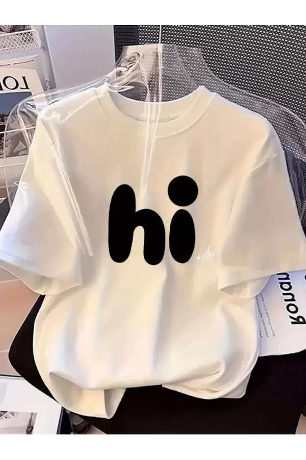 Baskılı Oversize Bisiklet Yaka T-shirt - Beyaz