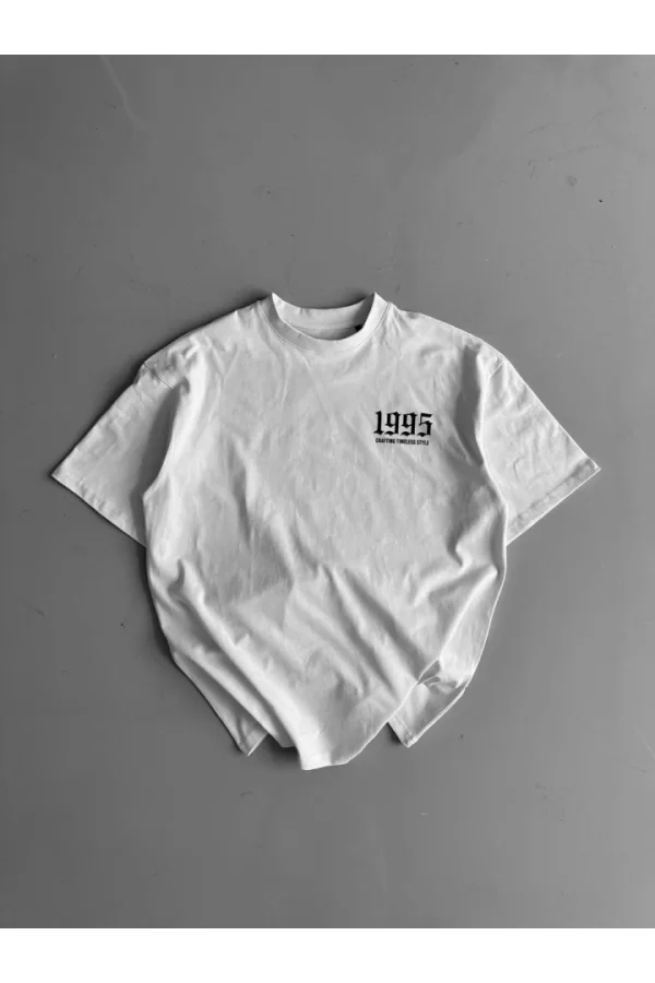 Baskılı Oversize Bisiklet Yaka T-shirt - Beyaz
