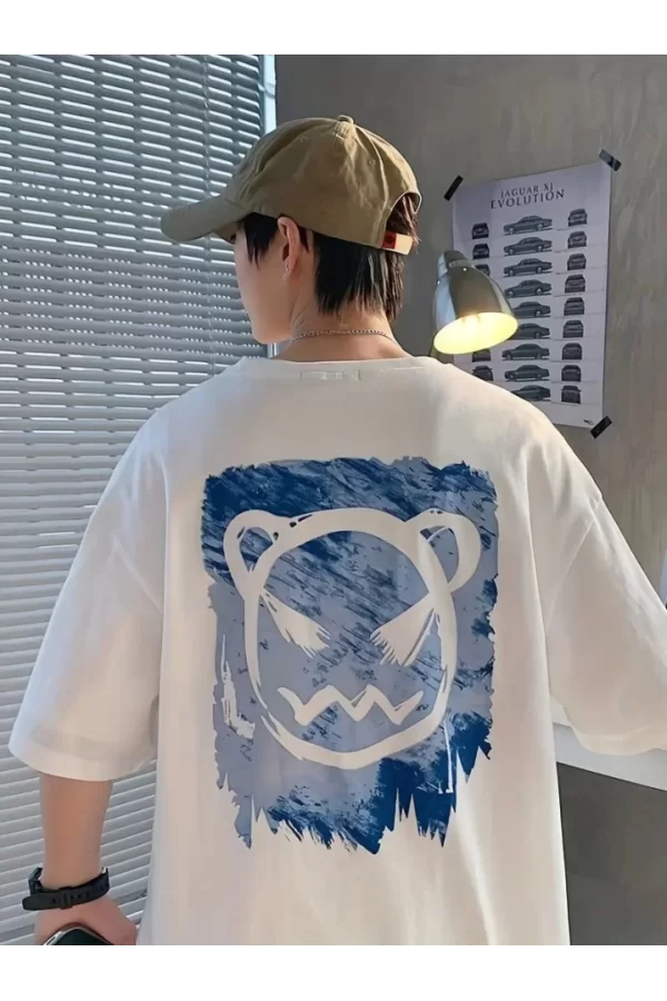 Baskılı Oversize Bisiklet Yaka T-shirt - Beyaz