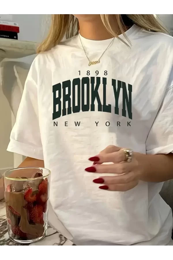 Baskılı Oversize Bisiklet Yaka T-shirt - Beyaz
