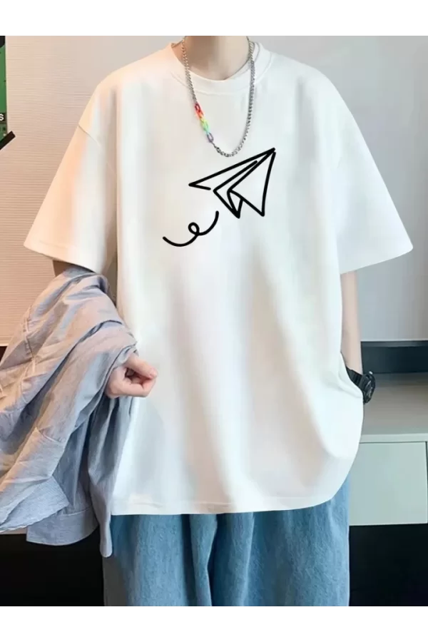 Baskılı Oversize Bisiklet Yaka T-shirt - Beyaz