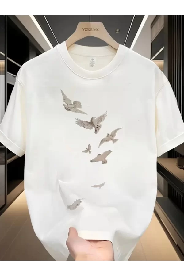 Baskılı Oversize Bisiklet Yaka T-shirt - Beyaz