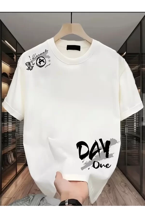 Baskılı Oversize Bisiklet Yaka T-shirt - Beyaz