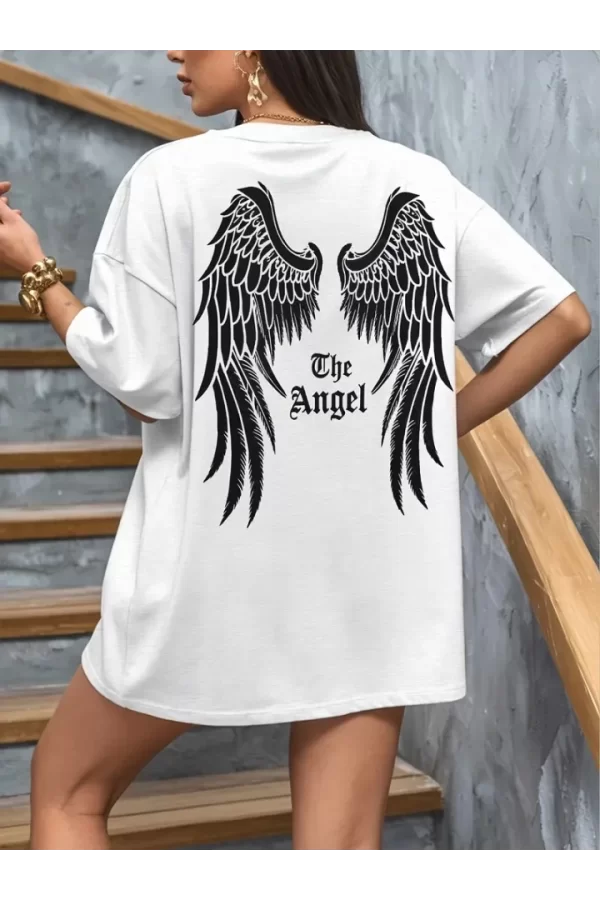 Baskılı Oversize Bisiklet Yaka T-shirt - Beyaz