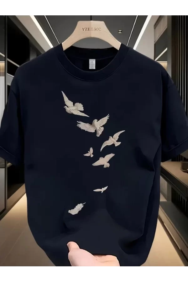 Baskılı Oversize Bisiklet Yaka T-shirt - Beyaz