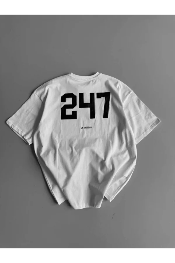 Baskılı Oversize Bisiklet Yaka T-shirt - Beyaz