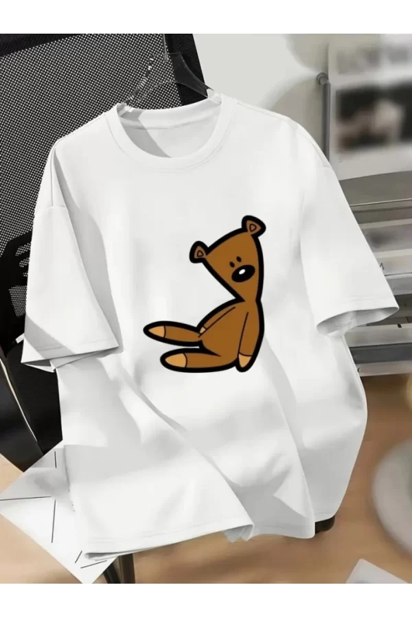 Baskılı Oversize Bisiklet Yaka T-shirt - Beyaz